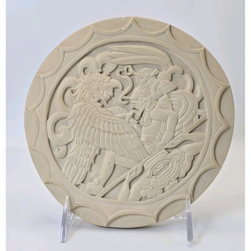Vintage G. Silva Mayan Aztec Relief Wall Plaque Cast‎ Stone Chalkware Art 6.5